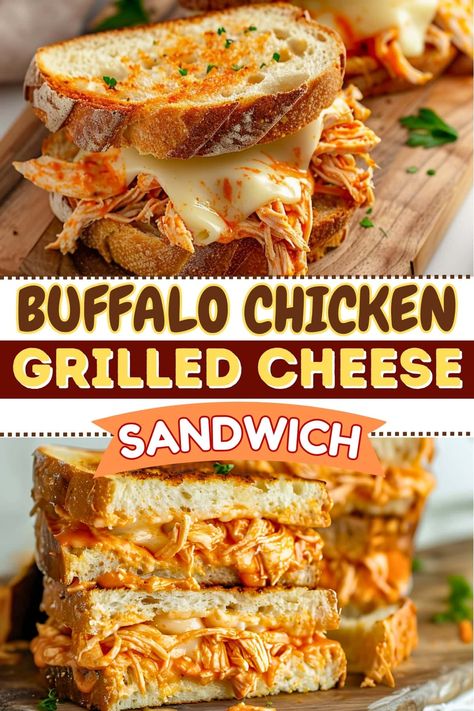 This buffalo chicken grilled cheese sandwich is a flavor explosion of spicy sauce, melty cheese, and juicy shredded chicken. It's messy, but oh-so-worth it! Easy Lunch Ideas With Shredded Chicken, Chicken Grilled Cheese Recipes, Shredded Chicken Panini, Easy Buffalo Chicken Sandwich, Buffalo Chicken Grilled Cheese Sandwich, Chicken Shredded Sandwich, Shredded Chicken Grilled Cheese, Chicken And Cheese Sandwich, Buffalo Chicken Melt Sandwiches