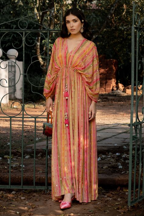 Buy Paulmi and Harsh Multi Color Crepe Vintage Striped Pattern Kaftan Online | Aza Fashions Resham Work Embroidery, Chifon Dress, Paulmi And Harsh, Kaftan Set, Kaftan Pattern, 1950’s Fashion, Kaftan Designs, Resham Work, Traditional Indian Outfits