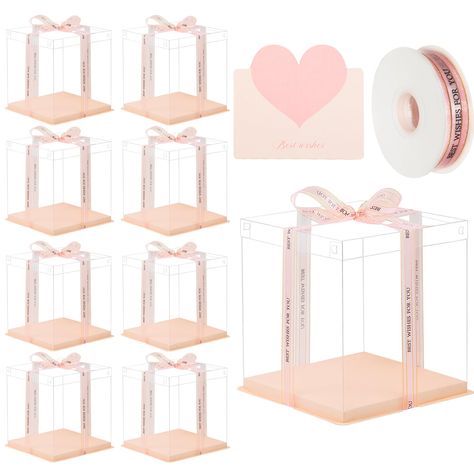 PRICES MAY VARY. ❤️Super Value Bundle - This high-value tall cake box bundle provides everything you need for securely transporting tiered cakes, including 8 transparent cake boxes measuring 8x8x9 inches each. 147ft of ribbon and 8 greeting cards included make every cake delivery a memorable experience. ❤️Food-grade Cake Transport Container - Crafted from food-grade cardboard and PET materials, these safe clear cake boxes 8 inch are easy to assemble without any health concerns.The base is grease Gift Box Display, Small Cake Boxes, Cake Transport, Cake Boxes Packaging, Transparent Cake, Cake Carriers, Clear Cake, Tall Cake, Clear Gift Boxes