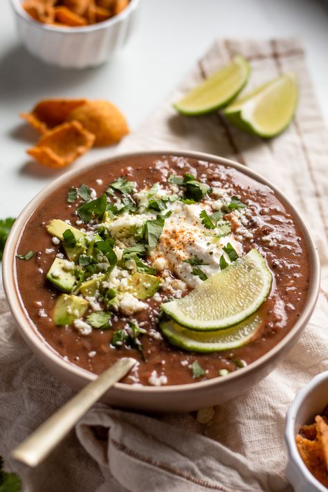 Creamy Black Bean Soup - Our Balanced Bowl Hello Fresh Black Bean Soup, Slow Cooked Black Beans, Black Bean And Chicken Soup, Pureed Black Bean Soup, Black Bean Breakfast Bowl, Black Bean Soup Dried Beans, Creamy Black Beans, Black Bean Soup Vegetarian, Black Bean Soup Vegan