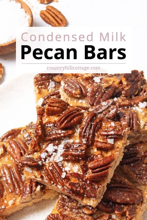 A buttery shortbread crust meets an indulgent pecan pie filling in these delicious pecan pie bars with sweetened condensed milk. The recipe is made without corn syrup has all the classic flavors of pecan pie in an easy bar dessert and might become your new favorite fall dessert! This no corny syrup pecan bars recipe feeds a crowd and is great to make a head of time with simple ingredients and 15 minutes prep time. It’s a great Thanksgiving dessert and holiday bake. | CountryHillCottage.com Pecan Bars Recipe, Maple Pecan Pie, Pecan Pie Bars Recipe, Pecan Desserts, Pecan Pie Filling, Pie Bar Recipes, Dessert Sans Gluten, Pecan Bars, Condensed Milk Recipes