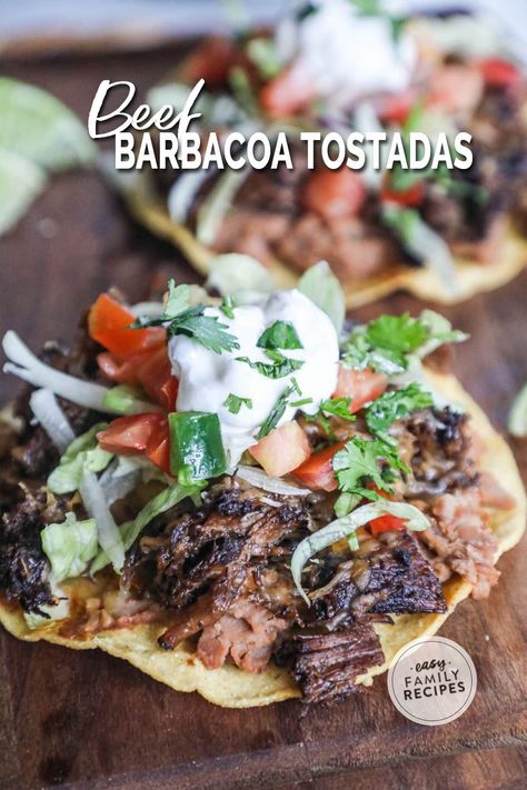 Beef Tostadas Recipes, Barbacoa Dinner Ideas, Steak Tostada Recipes, Shredded Beef Tostada Recipes, Tostados Recipe Beef, Tostada Recipes Beef, Sheet Pan Tostadas, Leftover Barbacoa Recipes, Shredded Beef Tostadas