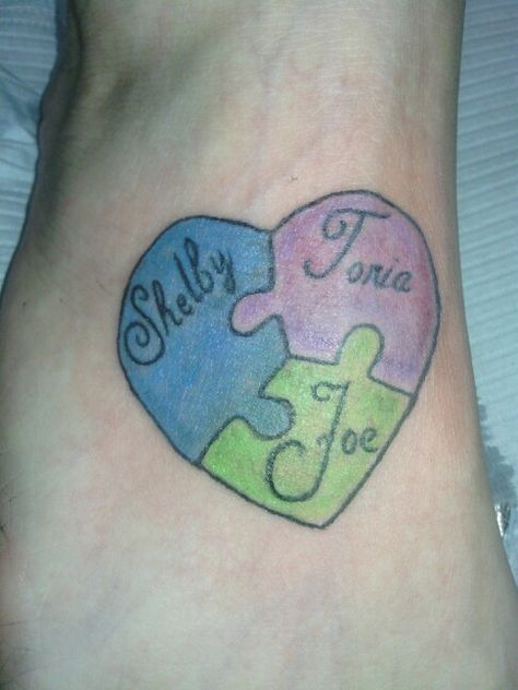 My new tattoo.... the 3 puzzle pieces to my heart.... my kids Heart Pieces Tattoo, Puzzle Heart Tattoo, Heart Puzzle Tattoo, Heart Puzzle Piece Tattoo, Couple Tattoo Heart, Adoption Tattoo, Puzzle Tattoo, Puzzle Piece Tattoo, Name Tattoos For Moms