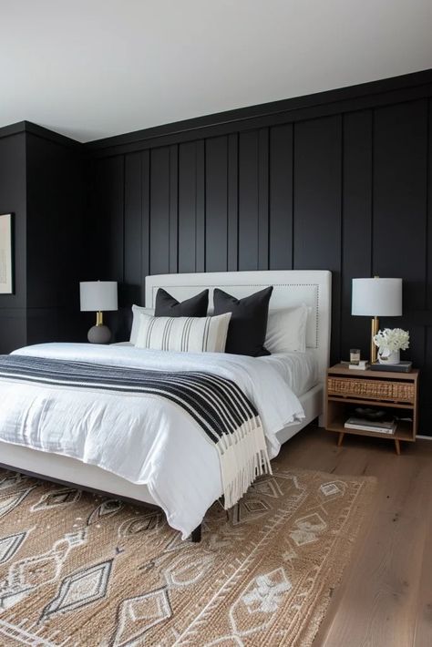 25 Bold Black Accent Wall Bedroom Ideas to Upgrade Your Space - Roomy Retreat Back Accent Wall Bedroom, Black Focal Wall Bedroom, Bedroom Ideas Black Wall, Black Accent Wall Bedroom Ideas, Bedroom Black Wall, Accent Wall Bedroom Ideas, Black Accent Wall Bedroom, Bedroom Inspirations Black, Wall Bedroom Ideas