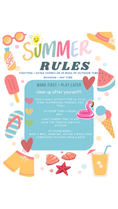 Rules for summer with kids Summer Rules For Kids, Summer With Kids, Summer Rules, Rules For Kids, Limiting Screen Time, Summer Schedule, Imagination Station, Screen Time, Daily Activities