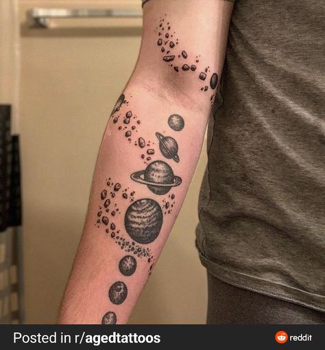 Vibey Tattoos, Asteroid Tattoo, Sleeve Filler Ideas Women, Space Sleeve Tattoo, Sleeve Filler Ideas, Space Sleeve, Space Tattoo Sleeve, Space Cowboy, Space Artwork