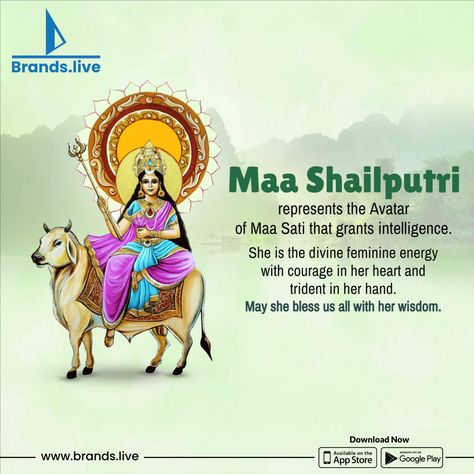 On the Day 1 of Navratri, we celebrate Shailputri Mata, the goddess of fortune and prosperity. Explore Brands.live for captivating images and posters related to this auspicious occasion. Navratri Goddess Images Day 1, Day 1 Navratri Goddess, Navratri Shailputri, Shailputri Mata, Navratri Day 1, Navratri Goddess, Maa Shailputri, Goddess Of Fortune, Maa Image