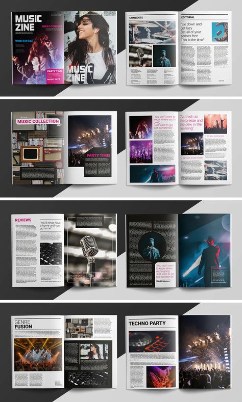 Music Magazine Template InDesign INDD - 20 Pages - Download Magazine Pages Layout, Music Magazine Layout Design, Music Magazine Design, Design Magazine Inspiration, Art Magazine Layout Design, Music Magazine Layout, Editorial Magazine Design, Music Magazine Cover, Music Layout