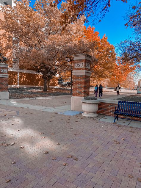 insta _cameron.mcconnell_ fall | stillwater | campus | november | leaves | oklahoma November Leaves, 50 States Travel, Stillwater Oklahoma, Go Pokes, College Stickers, College List, College Aesthetic, Dream College, Oklahoma State University