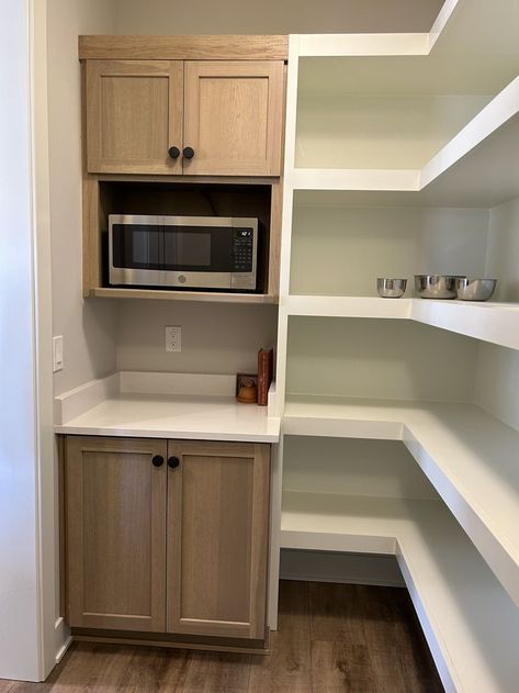 Small Pantry Design Ideas With Microwave, Coffee In Pantry, Pantry With Microwave Built Ins, Vintage Pantry Design, Built In Microwave In Pantry, L Shaped Pantry Cabinets, Small Pantry With Fridge, 4x5 Pantry, Small Appliances In Pantry