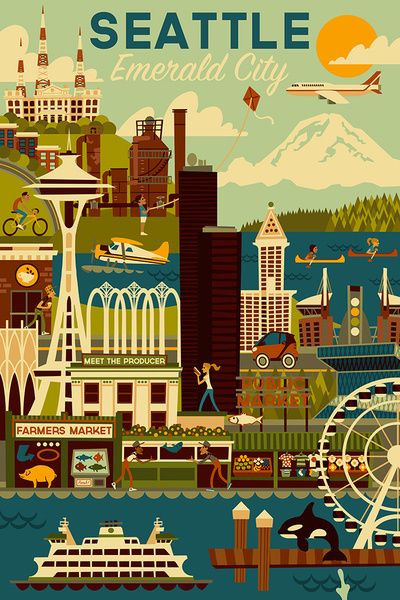 Seattle Poster, Geometric Lantern, Geometric Art Prints, Stock Art, Geometric Wall Art, Travel Themes, Seattle Washington, Vintage Travel Posters, Geometric Art