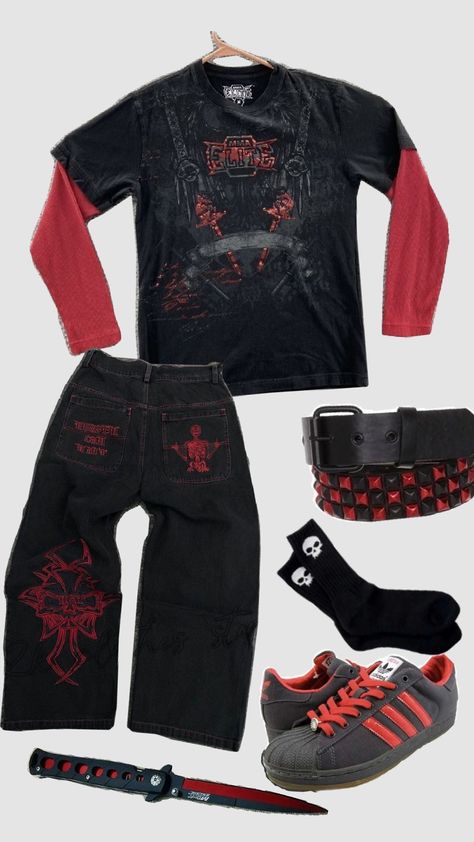 Streetwear outfit #1 Red Red And Black Hoodie Outfit, Black And Red Streetwear Outfit, Red Baggy Outfit, Red Grunge Outfit, Dc Sneakers, Yk2 Outfits, Affliction Clothing, Geeky Clothes, Sick Clothes