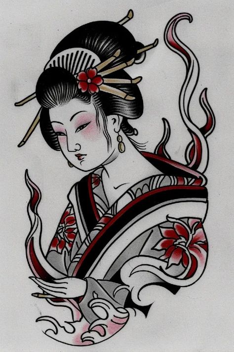 Tattoo idea: tattoo sketch A geisha with a kimono that displays mov 1 Geisha With Umbrella Tattoo, Geisha Tattoo Back Piece, Geisha Girl Tattoo Design, Chinese Opera Tattoo, Japanese Tattoo Designs Geisha, Japanese Tattoo Geisha, Geisha Sketch, Tato Geisha, Japanese Geisha Tattoo