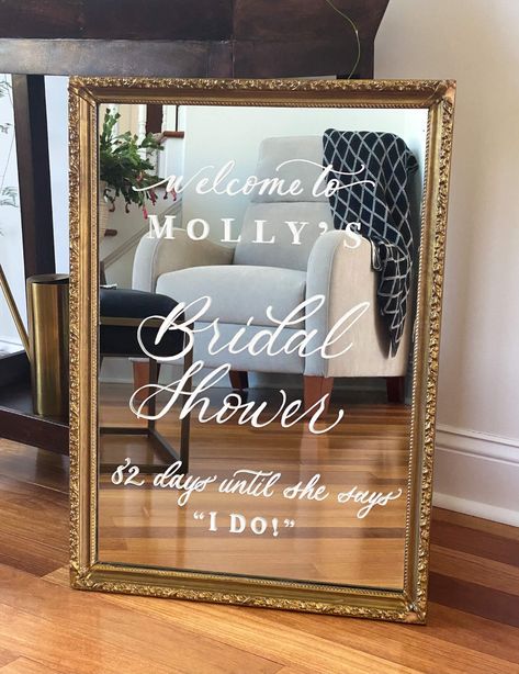 Wedding Signs Ultimate Guide — Sizing, Types, Wording Ideas, and More — StoneFawx Studios Mirror Welcome Sign, Bridal Shower Signage, Mirror Wedding Signs, Wedding Entrance Sign, Wedding Shower Signs, Wedding Sign Decor, Mirror Wedding, Bridal Shower Decorations Diy, Wedding Mirror