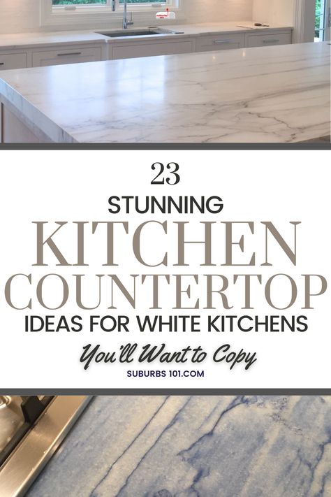 You'll want to copy these stunning kitchen countertop ideas! They will inspire your home renovation project. Whether you're drawn to the classic elegance of marble countertops, the rustic charm of butcher block countertops, the durability of marble-like quartz countertops, the modern look of black countertops, here are my favorite kitchen countertop designs that will make your home look luxurious. You'll find lots of kitchen counter ideas including kitchen island countertop ideas. French Kitchen Countertops, Kitchen Countertops With White Cabinets Quartz Carrara Marble, White Cabinet Countertop Combinations, White Matte Countertops, All White Marble Kitchen, Butcher Block Quartz Countertops, Off White Kitchen Cabinets With Quartz Marble Countertops, Cool Kitchen Countertops, Marble Countertop Kitchen Ideas