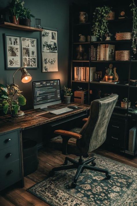 A warm and rustic Dark Modern Office setup with dark wood furniture, lush plants, and cozy lighting, perfect for those looking for Moody Office Ideas to create a Dark Moody Small Home Office or a stylish Home Office Dark space. Moody Office Ideas, Office In A Small Space, Grand Office, Dark Home Office, Cottagecore Interior, Home Office Dark, Moody Office, Dark Cottagecore Decor, Guest Bedroom Home Office