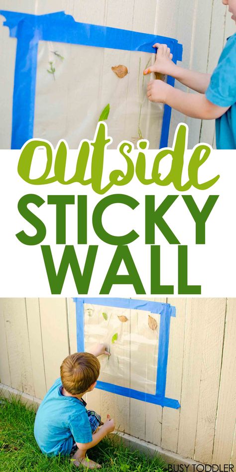 Outside Sticky Wall: Create a fun outdoor activity that toddlers and preschoolers will love. This easy outside activity is perfect for exploring nature. Garden Sensory, Outdoor Activities For Toddlers, Sticky Wall, Baby Notes, Thanksgiving Activity, Easy Toddler Activities, Nature Craft, Quiet Time Activities, Fun Outdoor Activities