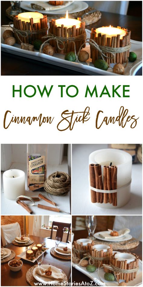 Cinnamon Stick Candles {fall ideas} | Home Stories A to Z Cinnamon Stick Candle, Juleverksted For Barn, Stick Candles, Fall Deco, Fall Crafts Diy, Fall Candles, Tree Diy, Fall Ideas, Fall Decor Diy