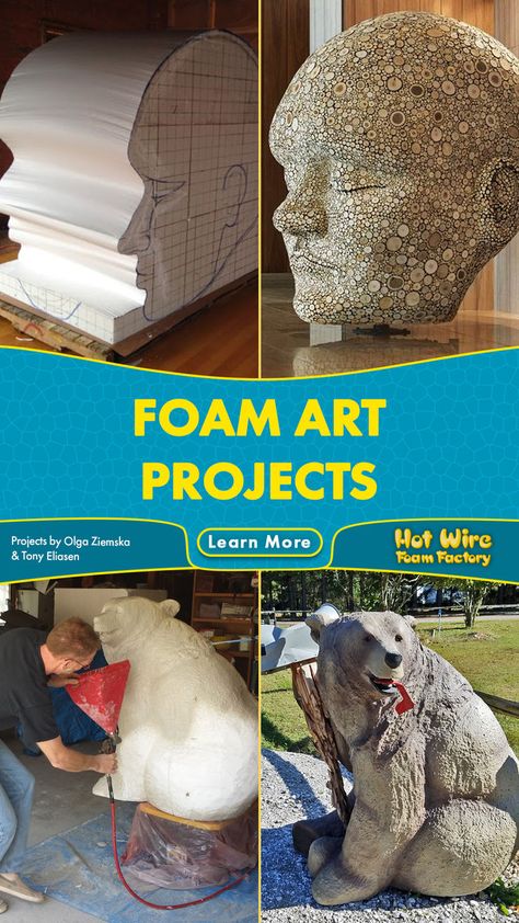 Breathtaking foam sculptures and art pieces. See Hot Wire Foam Factory’s foam coatings being used for weather proofing, hardened shells, painting mediums, and artistic texture. Foam is a wonderful medium for mosaics, casting and molds. #foamart #styrofoam #foamsculpture #bearsculpture #foamcrafting Foam Art Projects, Diy Styrofoam Crafts, Shells Painting, Foam Board Crafts, Statues Home Decor, Painting Mediums, Xps Foam, Foam Sculpture, Styrofoam Art