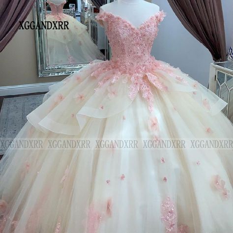 Elegant Champagne Pink Ball Gown Quinceanera Dress 2024 3D Floral Cream Sweet 16 Year Birthday Party 16 Year Birthday, Pink Ball Gown, Champagne Pink, Quinceanera Dress, Dress 2024, Quinceanera Dresses, Quinceanera, Sweet 16, Ball Gown