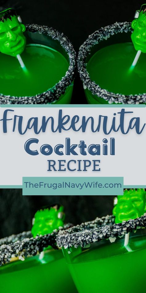 This fun and easy-to-make Frankenrita Cocktail is perfect for Halloween parties or just enjoying a spooky night in. #frankenstein #halloween #cocktail #frugalnavywife #holiday #drink | Frankenrita Cocktail | Halloween | Easy Cocktail Recipe | Alcohol | Frankenstein Party Food, Orange Halloween Drinks Alcohol, Halloween Drinks Easy Alcohol, Black Shots Alcohol, Frankenstein Themed Food, Frankenstein Margarita, Beetlejuice Cocktail Recipe, Halloween Drink Ideas Alcohol, Blood Bag Drink Recipe Alcoholic