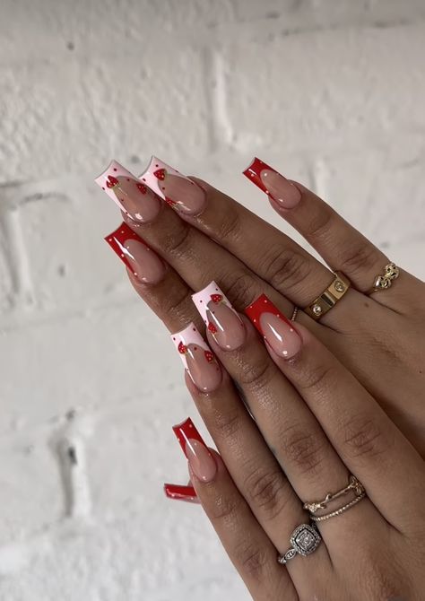 Strawberry Nail Art, Red Acrylic Nails, Cherry Nails, Glow Nails, Nagel Inspo, Short Acrylic Nails Designs, Pink Acrylic Nails, Square Acrylic Nails, Fire Nails