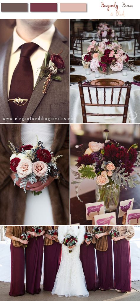 burgundy and brown fall and winter wedding colors with blush flowers Maroon Bridesmaid, Burgundy And Brown, Maroon Bridesmaid Dresses, Burgundy And Blush Wedding, Wedding Color Combos, February Wedding, Wedding Color Trends, Maroon Wedding, Winter Wedding Colors