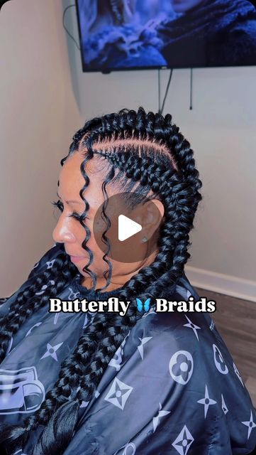 Hairbylaurel on Instagram: "4 Butterfly Braids, My Technique.  . Book under 4 Butterfly 🦋 Braids . #butterflybraids #dmvhairstylist #dmvbraider #dallasbraider #marylandbraider #butterflylocs #bohostyle #protectivestyles #wedding #dcstylist #baltimorebraider #adahhairworld #baltimorehairstylist #trump2024" 5 Goddess Braids Hairstyles, Cute Up Braided Hairstyles, Cornrow Butterfly Braid, Stitch Butterfly Braids, Four Butterfly Braids, Stitch Braids With Curly Ponytail, Butterfly Goddess Braid, 4 Braid Hairstyles For Black Women, Butterfly Hairstyles For Women