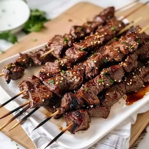 Teriyaki Beef Skewers Chicken And Beef Skewers, Teriyaki Steak Skewers, Beef Skewer Recipes, Beef Skewers In Oven, Beef Skewers Marinade, Asian Skewers, Teriyaki Beef Skewers, Teriyaki Recipes, Teriyaki Skewers