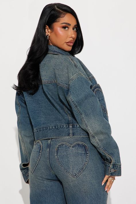 Available In Dark Wash. Pair With Match Made In Heaven Straight Leg Jeans Denim Trucker Jacket Collar Long Sleeve Button Front Heart Pockets Non Stretch Disclaimer: Due To The Specialized Wash Process, Each Garment Is Unique. 100% Cotton Imported | Match Made In Heaven Denim Jacket in Dark Wash size Small by Fashion Nova Nfl Jean Jacket, Fashion Nova Jackets, Cropped Jean Jacket, Jacket Collar, Crop Jean Jacket, Denim Trucker Jacket, Match Made In Heaven, Made In Heaven, Match Making