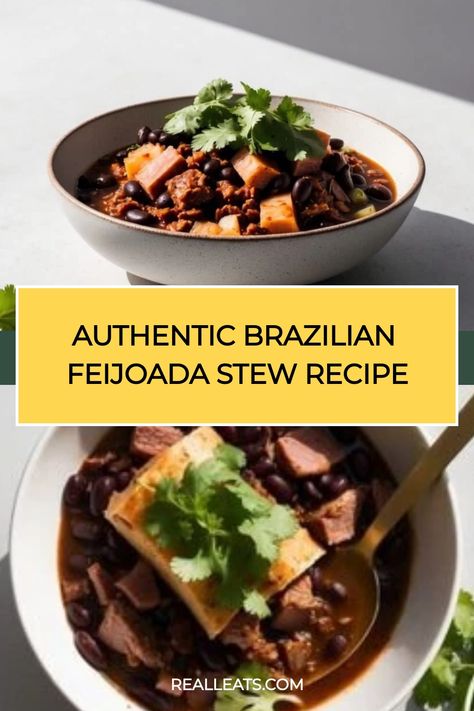 Authentic Brazilian feijoada stew with black beans, meat, and fresh cilantro in a bowl. Brazilian Feijoada Recipes, Brazilian Recipes Authentic, Brazilian Stew, Brazilian Feijoada, Feijoada Recipe, Stew Beef, Beef And Pork, Cooking White Rice, Stew Recipe