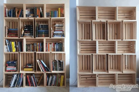 Storage Made Simple: DIY Wooden Crate Bookshelf | ApartmentGuide.com Wooden Crate Shelves, Diy Wooden Crate, Crate Bookshelf, Diy Regal, Bookcase Diy, Old Crates, Crate Shelves, Bookshelves Diy, Crate Storage