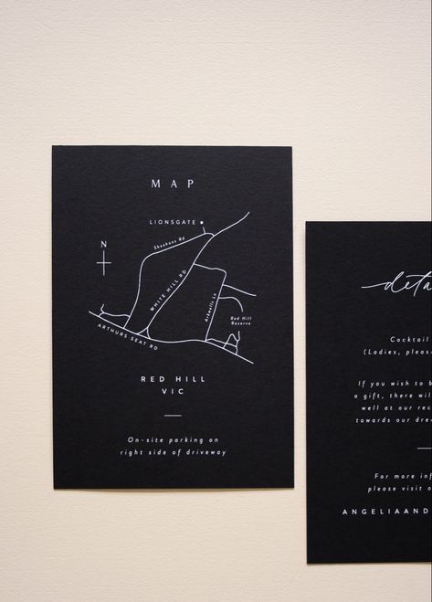 We love this black details card featuring hand-lettering and a custom venue map illustration, printed in white ink for a modern, chic vibe. Designs by Evergreen Ink. #weddingstationery #weddinginvitations #weddinginvites #custominvitations Wedding Invite Map Illustration, Venue Map Design, Presention Ideas, Contemporary Invitation Design, Edgy Wedding Invitations, Wedding Map Illustration, Black Invitation Card, Vibes Illustration, Map Invitation