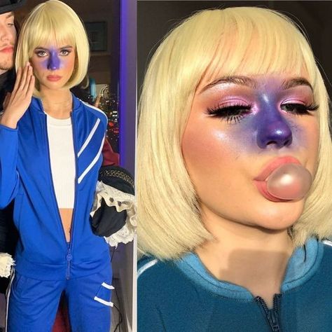 Funky Costume Ideas Halloween, Wig Costumes Halloween, Blue Hair Costume Ideas, Blue Hair Halloween Costumes Ideas, Violet Willy Wonka Costume, Halloween Costumes Blonde Hair, Blue Dress Halloween Costumes, Halloween Costumes Short Hair, Short Hair Costume Ideas Halloween