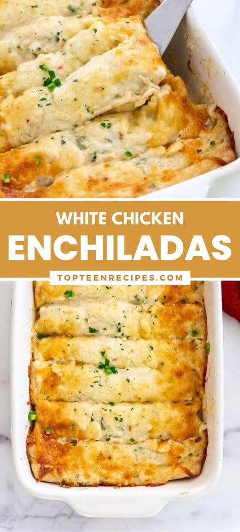 White Chicken Enchiladas - Top Recipes White Enchilada Sauce, Creamy White Chicken Enchiladas, Tender Shredded Chicken, Chicken Enchiladas Recipe, White Chicken Enchiladas, Creamy Chicken Enchiladas, Enchiladas Recipe, Cheese All, Chicken Enchilada Recipe