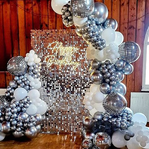 Chic Disco Party Decor, Silver Disco Backdrop, Disco Theme Balloons, Disco Ball Balloon Backdrop, Silver Sequin Backdrop With Balloons, White And Silver Disco Party, Silver Backdrop With Balloons, Silver White Birthday Decor, Disco Party Set Up