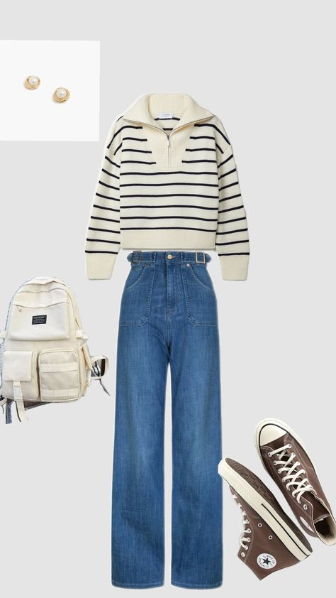 School is an interesting place when u have this great outfit to flaunt ✨#backtoschool #dresstoimpress Nautical Chic, Sweater With Zipper, Nautical Outfits, Interesting Place, Jeans Outfit Women, Sweater Refashion, Casual School Outfits, Early Fall Outfit, Converse Sneakers