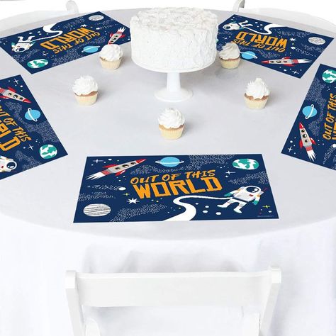 Includes 12 Blast Off to Outer Space Party Placemats. Blast Off to Outer Space baby shower or birthday party placemats are a must-have for your party decorations. They will beautifully decorate your table. Blast Off to Outer Space Paper Placemats. Measures 18" wide x 12" tall. This exclusive design is a great way to decorate your astronaut baby shower or birthday party. Plus, these disposable party placemats can be easily cleaned up after the event is over. EASY TO DECORATE YOUR TABLE: Celebrate your baby shower or birthday party theme with these cute party placemats. Blast Off to Outer Space placemats are also perfect for dining tables, buffet tables, gift tables, and guest book areas. Solar system party table decorations will make a statement when you use them. PREMIUM PARTY SUPPLIES: Bl Rocket Ship Birthday Party, Space Activity, Outer Space Baby Shower, Disposable Placemats, Rocket Party, Easy Party Decorations, Outer Space Party, Outer Space Theme, Outer Space Birthday