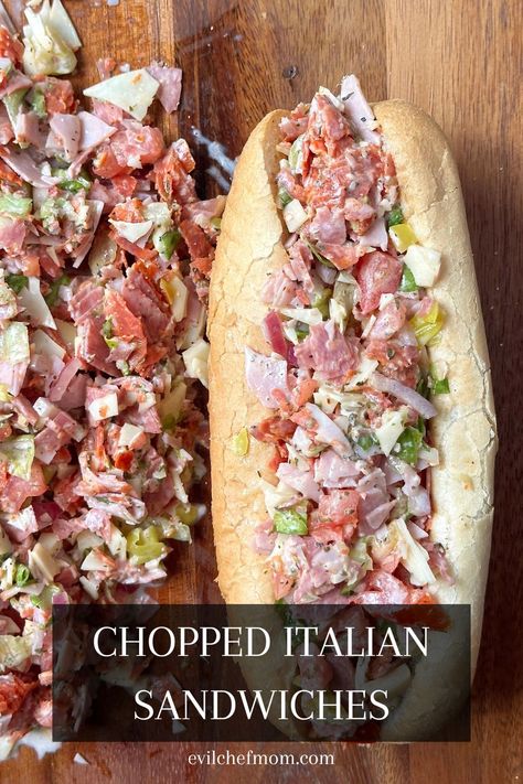 Chopped Italian Sandwiches The Tipsy Housewife Italian Sub Chop Sandwiches, Chopped Italian Wrap, Italian Sub Sandwich Recipe, Chopped Italian Sandwich, Chopped Cheese Sandwich, Vegan Broccoli Salad, Italian Sandwiches, Grilled Steak Salad, Italian Antipasto