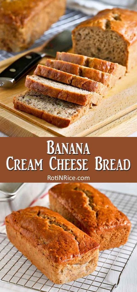 Cream cheese gives this Banana Cream Cheese Bread an even and tender texture. Very moist and deliciously satisfying. Great any time of the day. | RotiNRice.com #bananabread #quickbreads #breadrecipes Banana Cream Cheese Bread, Banana Bread Recipe With Cream Cheese, Banana Nut Bread Recipe Moist, Bread With Cream Cheese Filling, Banana Bread With Cream Cheese, Banana Bread Cream Cheese, Banana Cream Cheese, Cream Cheese Banana Bread, Super Moist Banana Bread