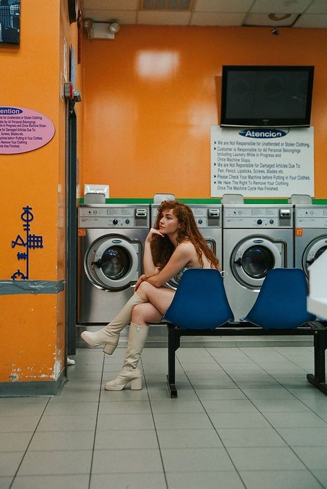 NYC based editorial photographer Tiana Michele Photo shows inspiration on Laundromat photoshoots and creative laundromat shoots. Photo By Tiana Michele Photo #nycphotographer #editorialphotographer #newyorkphotographer Laundry Shoot, Blue Sargent, Laundry Mat, Photographie Inspo, Foto Poses, Poses References, Washing Machines, Foto Art, Shooting Photo