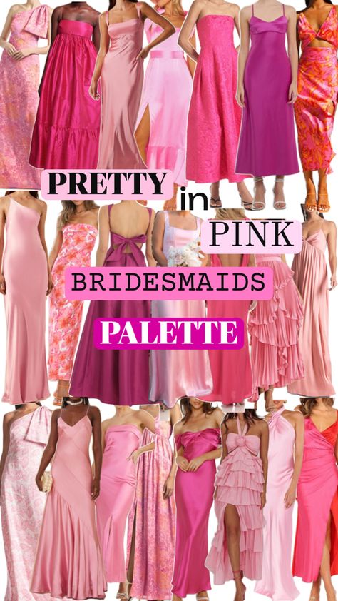 Assorted pink mixed dresses for coordinated multicolor bridesmaids theme Palette Bridesmaid Dresses, Shades Of Pink Bridesmaid Dresses, Theme Bridesmaid Dresses, Bridesmaid Palette, Bridesmaids Pink, Pink Bridesmaids, Dress Code Wedding, Pink Palette, Pink Theme