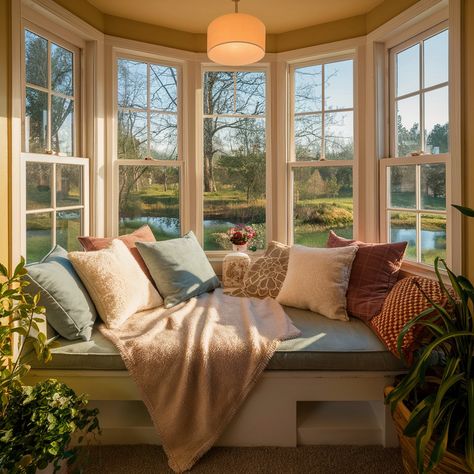 Window Reading Nook 😍😍🤩 Couch In Window Nook, Bookcase Around Bay Window, Hexagon Window Seat, Bay Window Dining Nook, Window Nook Bed, Book Bay Window, Book Nook Bay Window, Window Seat Decor Ideas, Book Window Seat