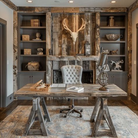 Insightful Images of Small Scale Industries: Work From Home Man Cave Office Ideas Rustic, Country Farmhouse Office Ideas, Office Decor Styles, Office Rooms At Home, Hunting Office Decor, Farm Office Ideas, Cabin Interiors Office, Rustic Study Room, Country Home Office Ideas