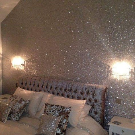 Glitter Paint Bedroom, Glitter Wallpaper Bedroom, Glitter Accent Wall, Glitter Bedroom, Glitter Room, Glitter Paint For Walls, Bilik Idaman, Photo Deco, Glam Bedroom