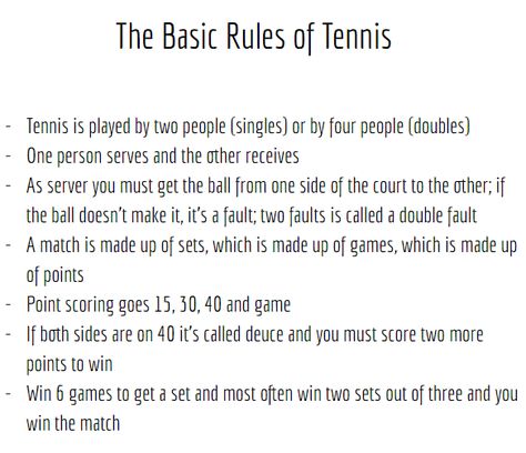 Tennis has lots of rules and facts you need to know when playing a match. These are just the basic ones to start you off! Tennis Basics, Tennis Workouts At Home, Tennis Workouts, Tennis For Beginners, Tennis Tips For Beginners, Tennis Tips And Tricks, Learning Tennis, How To Play Tennis For Beginners, Tennis Essentials