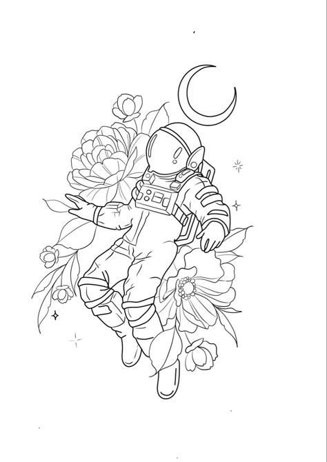 Ready to use stencil for astronaut tattoo Astronaut Flowers Tattoo, Flower Planets Tattoo, Astronaut Line Drawing, Floral Space Tattoo, Simple Astronaut Tattoo, Astronaut Tattoo Stencil, Astronaut Stencil, Space Themed Tattoos, Floral Astronaut