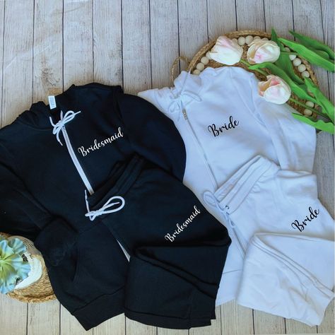 Matching Bride And Groom Outfits, Bride And Groom Pajamas, Bride Sweat Set, Matching Bride And Groom Wedding Outfits, Bride And Groom Sweats, Groom Pajamas, Bridesmaid Outfits For Getting Ready, Getting Ready Outfits For Bridesmaids, Bride Sweats