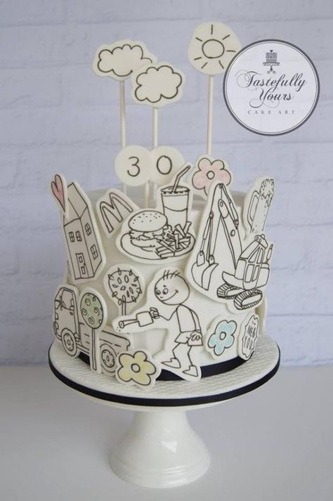 Doodle cake - Cake by Marianne Bartuccelli : Tastefully Yours Cake Art (Facebook) Doodle Cake, Skull Cake, 귀여운 음식 그림, Cartoon Cake, Painted Cakes, Funny Doodles, Novelty Cakes, Drip Cakes, White Cake