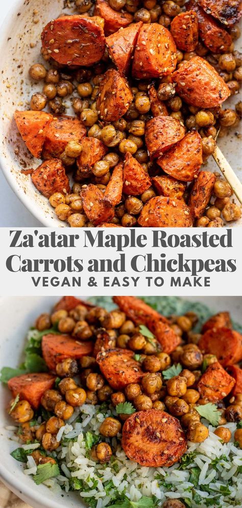 Quick and easy Za’atar Maple Roasted Carrots and Chickpeas, perfect for when you're short on time and ingredients. Serve with fluffy rice and an herby yogurt sauce for a complete meal in 30 minutes. Carrots And Sweet Potatoes Recipes, Rice And Carrots Recipe, Carrot Entree Recipes, Garbanzo Bean Recipes Roasted, Chickpea Meal Ideas, Chickpea Appetizer, Roasted Carrots And Chickpeas, Maple Carrots, Chickpea And Rice